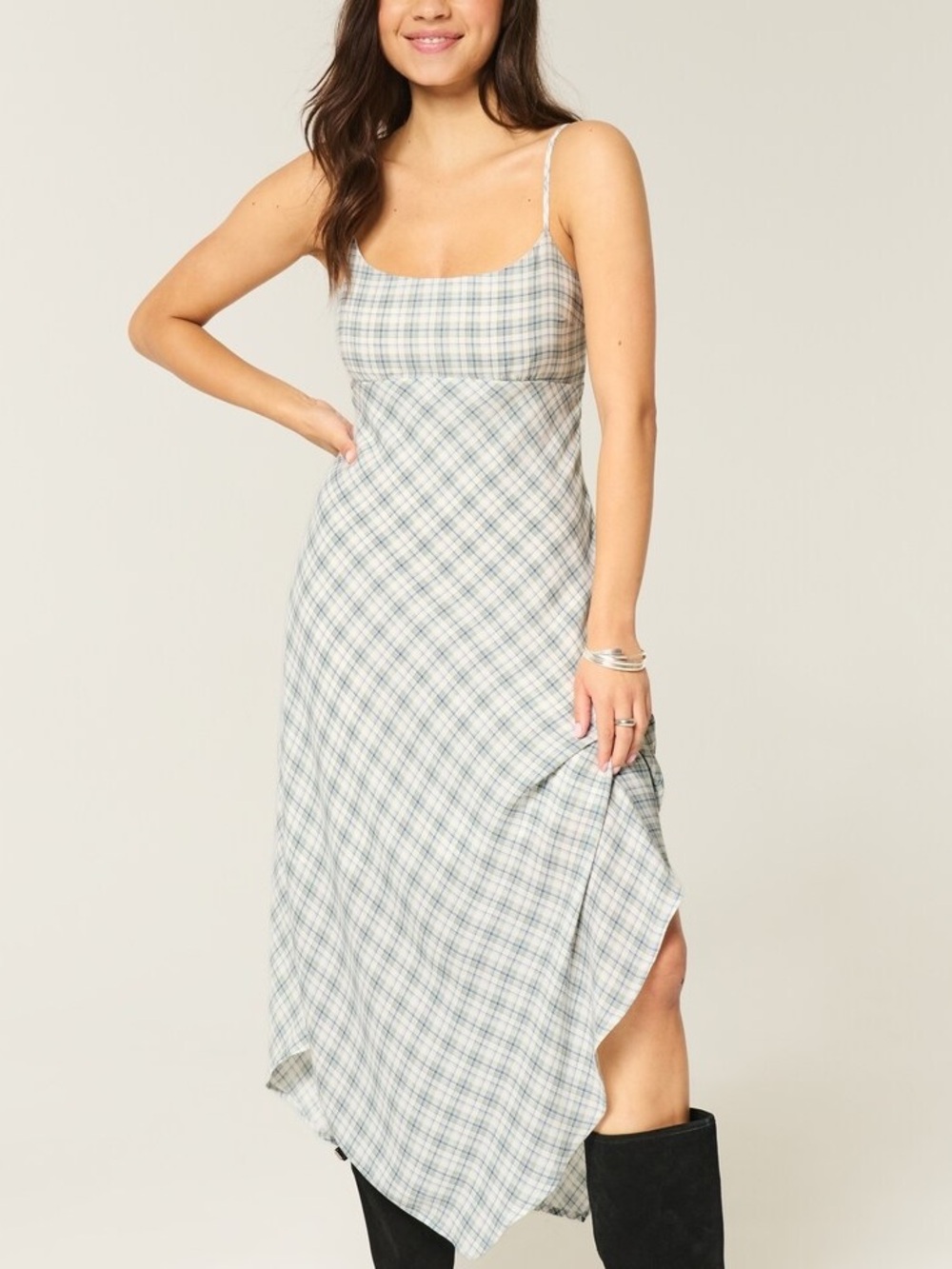 Hollister Plaid Asymmetrical Hem Midi Dress Light Blue Size L NWT